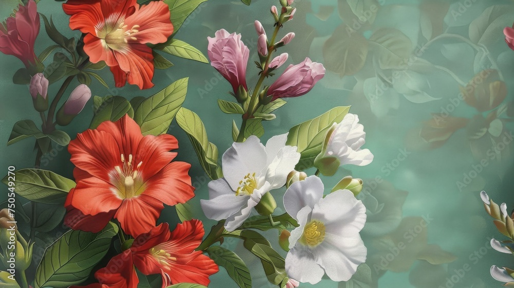 Fashion oil painting Red hibiscus flower on a dark green background, pastel flowers, peonies, roses, echeveria succulent, white hydrangea, ranunculus, anemone, and eucalyptus, design wedding bouquets. Fashion oil painting Red hibiscus flower on a dark green background, pastel flowers, peonies, roses, echeveria succulent, white hydrangea, ranunculus, anemone, and eucalyptus, design wedding bouquets.