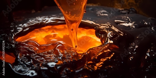 The molten copper appears to ignite the deep darkness of the molasses, creating a fiery contrast that burns with intensity.