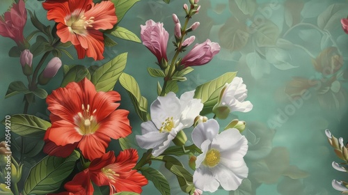 Fashion oil painting Red hibiscus flower on a dark green background  pastel flowers  peonies  roses  echeveria succulent  white hydrangea  ranunculus  anemone  and eucalyptus  design wedding bouquets.