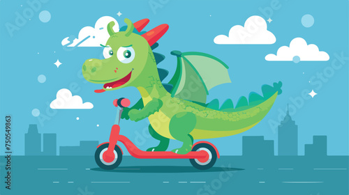 A happy green dragon riding a kick scooter. Vector 