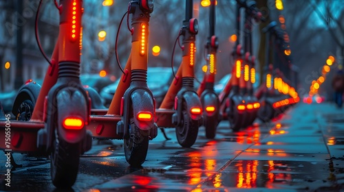 Row of electric scooters parked neatly on a city sidewalk. Concept Urban Transportation, Public Scooters, Sidewalk Scene, City Mobility, Sustainable Commuting photo