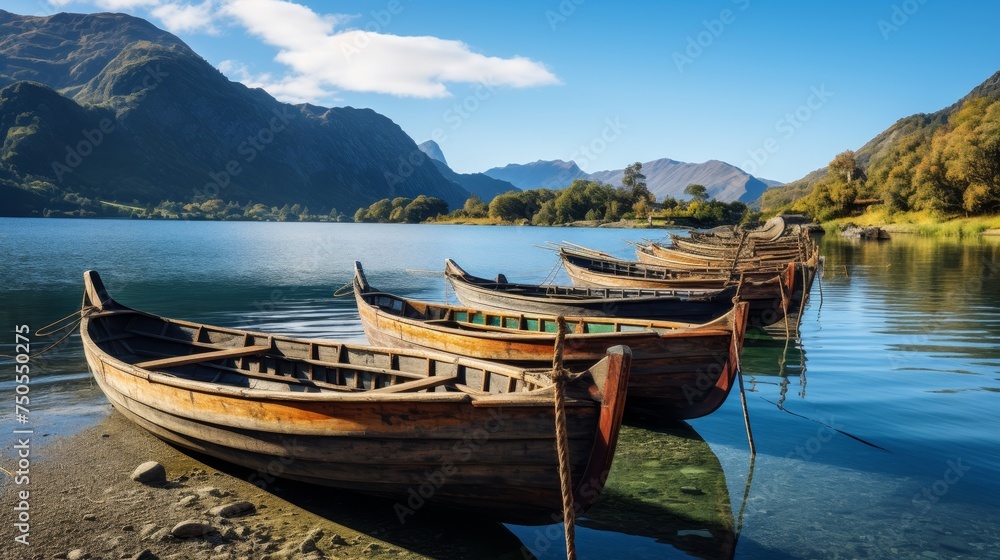 Traditional wooden boats lined up on the shore, Vacation Concept
