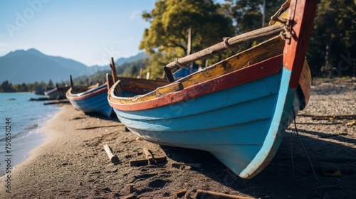 Traditional wooden boats lined up on the shore  Vacation Concept