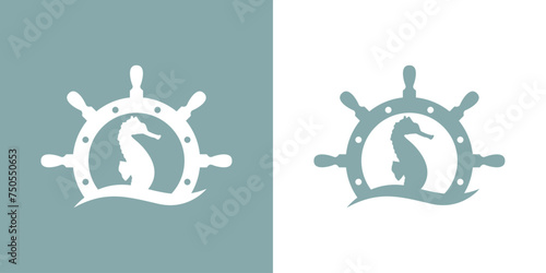 Logo Nautical. Club de yate. Silueta de caballo de mar en timón de barco con olas de mar