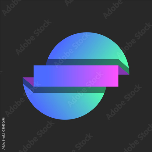 Broken round logo isometric geometric shapes divided by horizontal stripes of vibrant colors on two half circles and a rectangle, folded perspective layers of paper material made of colorful gradient.