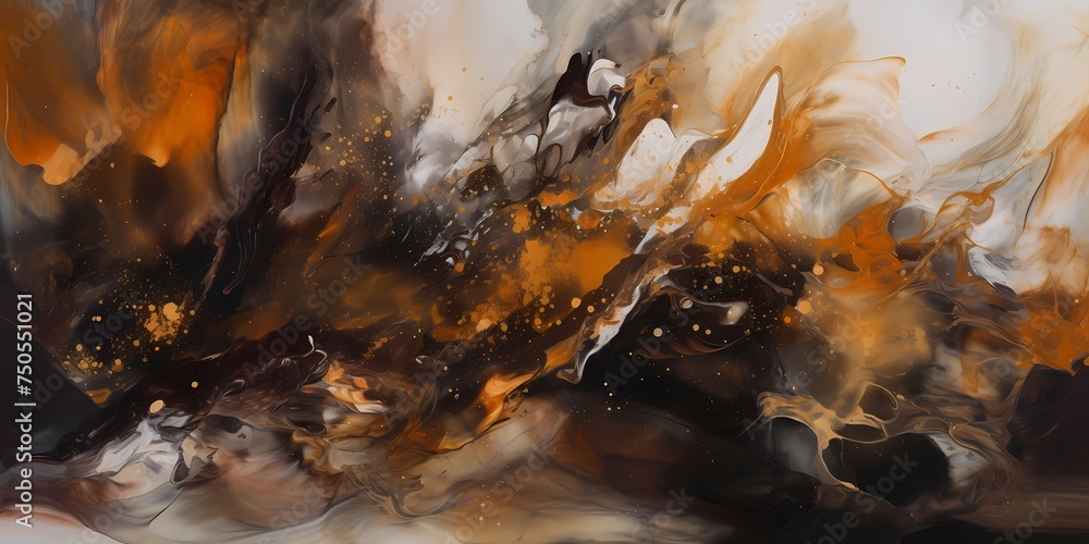Swirls of marigold and chocolate brown converge in a symphony of color, resembling the fluid movement of molten copper and molasses hues against a mesmerizing, abstract tableau.