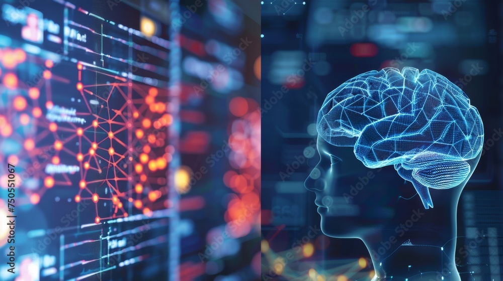 Foto de Futuristic visualization of a human brain with digital network ...