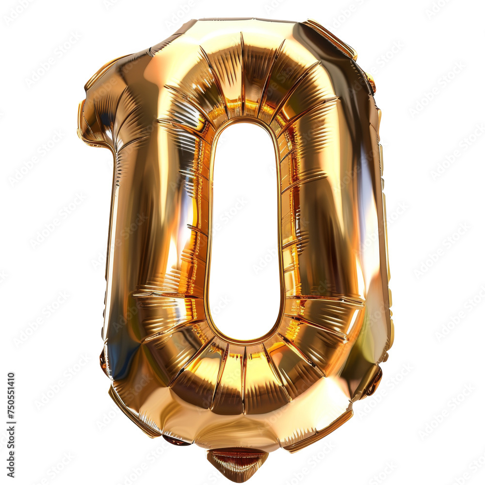 Golden Number Zero Balloon on White Background, A shiny golden number zero helium balloon, perfect for celebrations and decorations, floating against a clean white backdrop. clipping path