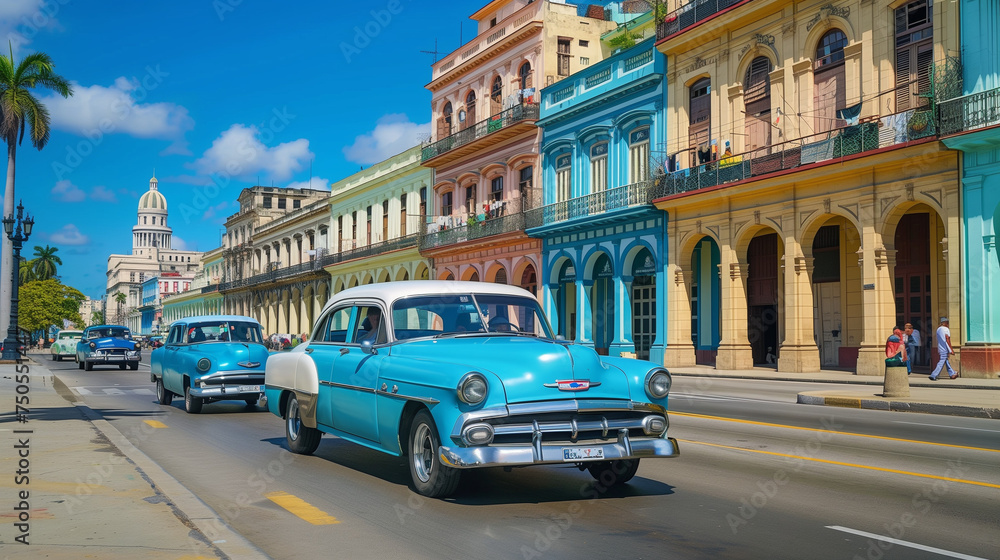 Vintage American Cars on Colorful Havana Street with Classic Colonial Architecture and Palm Trees in Sunny Cuba