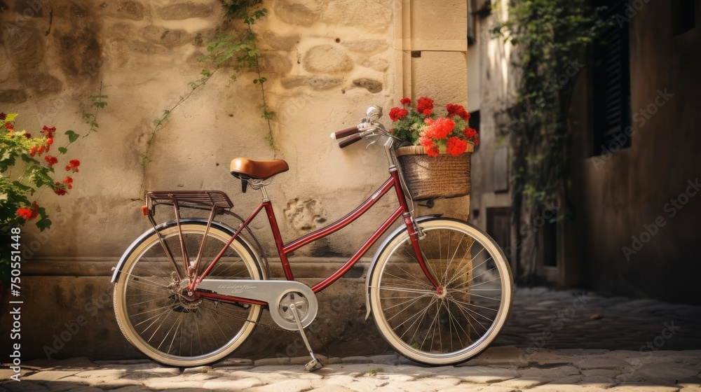 Vintage bicycle leans against a rustic wall