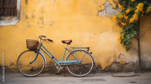 Vintage bicycle leans against a rustic wall © Media Srock