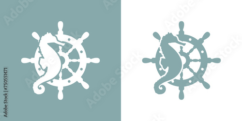 Logo Nautical. Club de yate. Silueta de caballo de mar con timón de barco