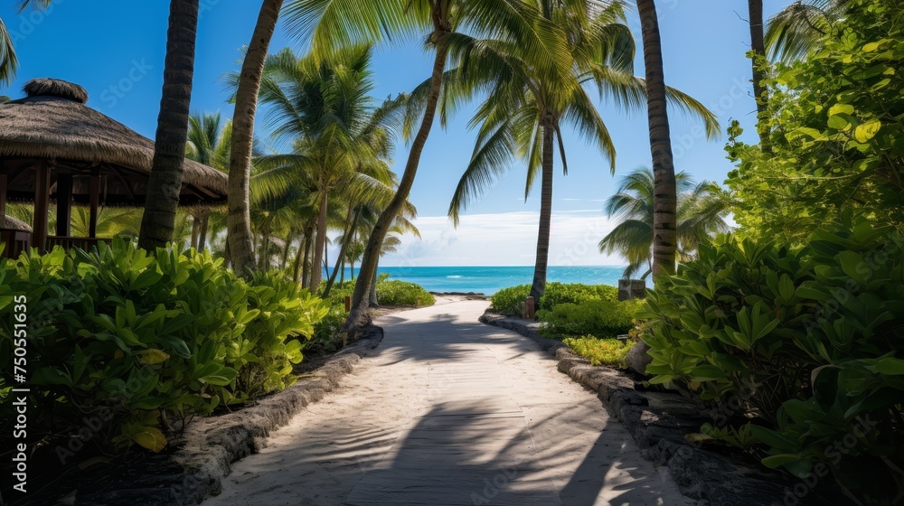 Walkway with palm trees leading to a tropical beach