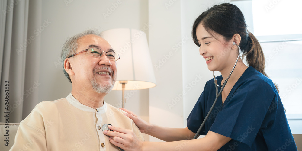 Obraz premium Health insurance service, Young Asian caregiver nurse examine senior man or woman patient at home. Attractive specialist career female support give advise and therapy consult to older elderly mature