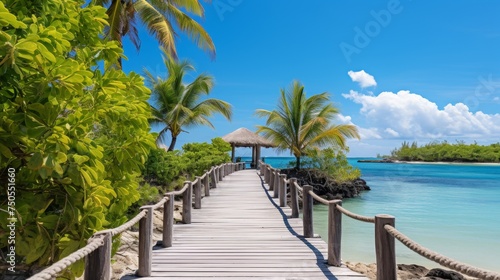 Walkway with palm trees leading to a tropical beach