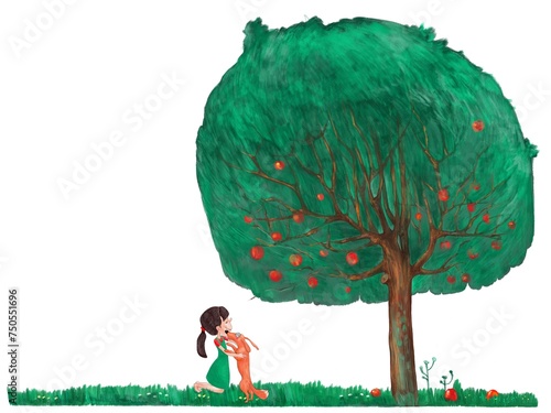 Meeting of friends, girl hugging her dog, pet, summer holiday, green tree, digital color illustration, postcard