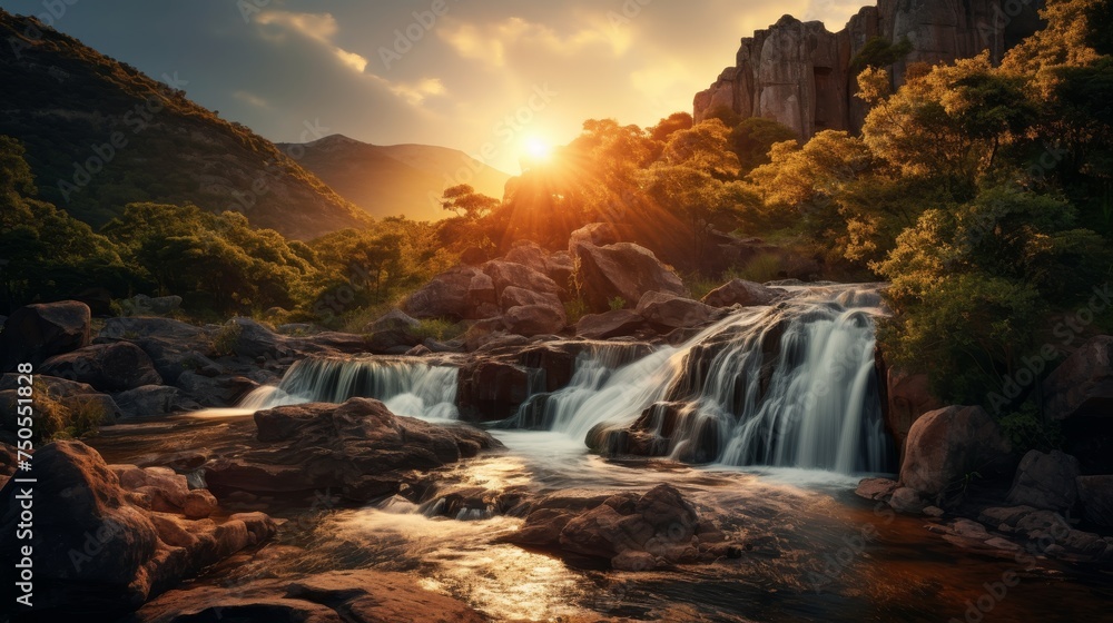Waterfall illuminated by the golden light of sunrise in a mountainous setting - obrazy, fototapety, plakaty 