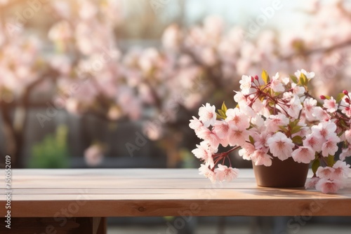Spring background with flowering pink apple branches border and empty wooden table. Image for display your product. © svetlana_cherruty