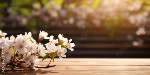 Spring background with flowering pink apple branches border and empty wooden table. Image for display your product.