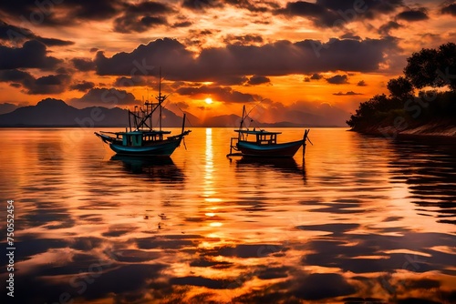 Fishing boat at sunset time,Fishing boat at sunset time. Le Morn Brabant on background. Mauritius. Panorama landscape