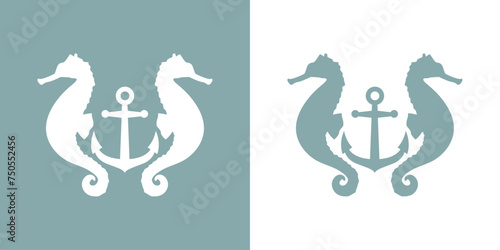 Logo Nautical. Club de yate. Silueta de caballo de mar con ancla de barco