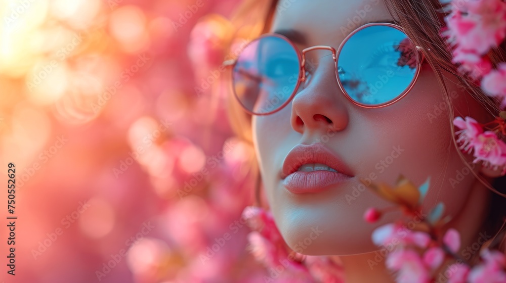 Fototapeta premium beautiful girl in a straw hat and sunglasses on a background of blooming spring summer flowers