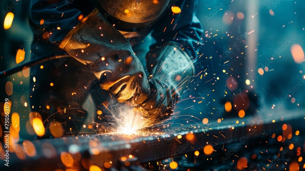 a beautiful studio quality picture of a welder welding structural steel. The picture is taken close up at an angle close enough to appreciate the quality of the welder - obrazy, fototapety, plakaty 