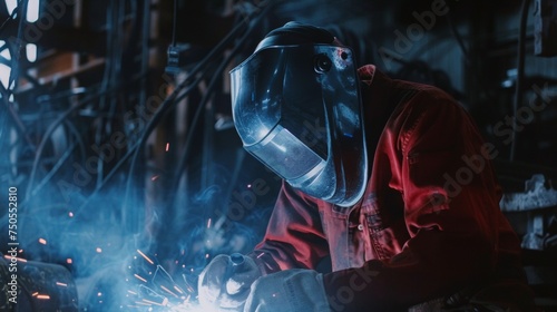 a beautiful studio quality picture of a welder welding structural steel. The picture is taken close up at an angle close enough to appreciate the quality of the welder