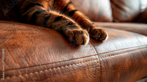 The cat scratches the sofa furniture. Selective focus.