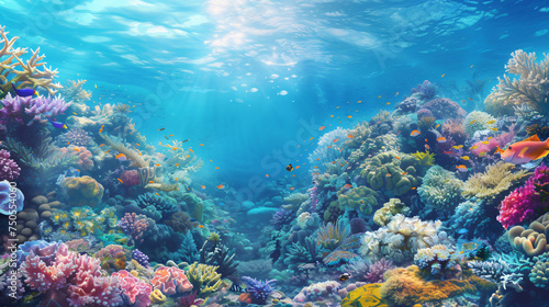 An underwater view of a coral reef with a blue sky