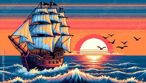 Pirate Ship Sailing into the Sunset - Pixel-Art Adventure at Sea photo