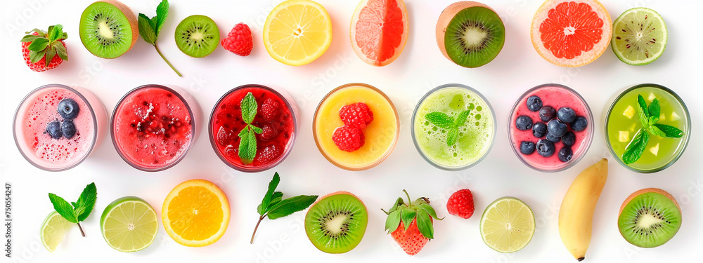 Fruit smoothies in glasses on a white background. Selective focus. Fruit smoothies in glasses on a white background. Selective focus.