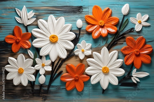 Handcrafted Floral Array on Turquoise Wooden Canvas - An Artistic Touch Generative AI