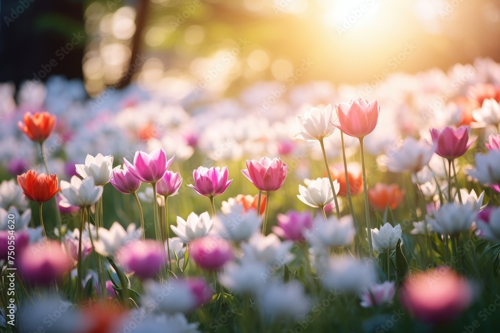 Glowing Sunrise Over a Vibrant Field of Spring Tulips - Nature's Awakening Generative AI