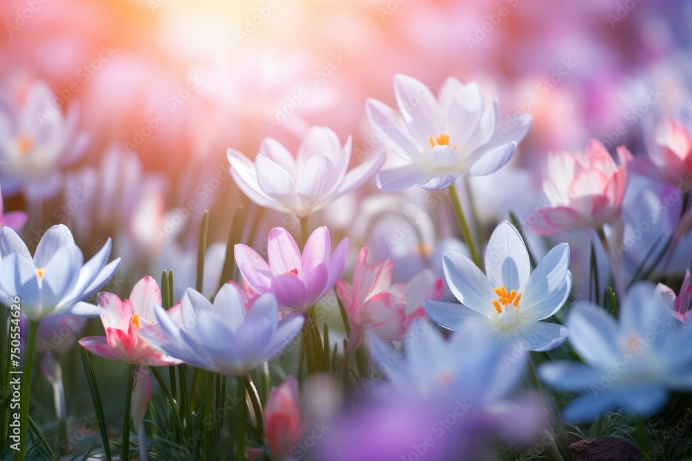 Fototapeta premium Glowing Sunrise Over a Vibrant Field of Spring Tulips - Nature's Awakening Generative AI