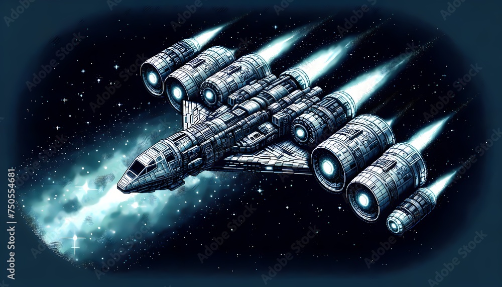 Digital Pixel-Art Spaceship - Isolated on Cosmic Black Digital Pixel-Art Spaceship - Isolated on Cosmic Black