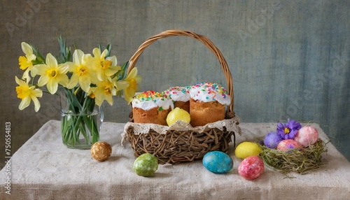 a basket of easter treats with eggs decorated in different colors, in the style of nostalgic paintings, softbox lighting, zeiss batis 18mm f/2.8, light amber and gray, watercolors, pictorial fabrics,  photo