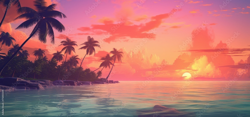 Tropical Sunset Bliss with Palm Silhouettes and Pastel Sky - Generative AI