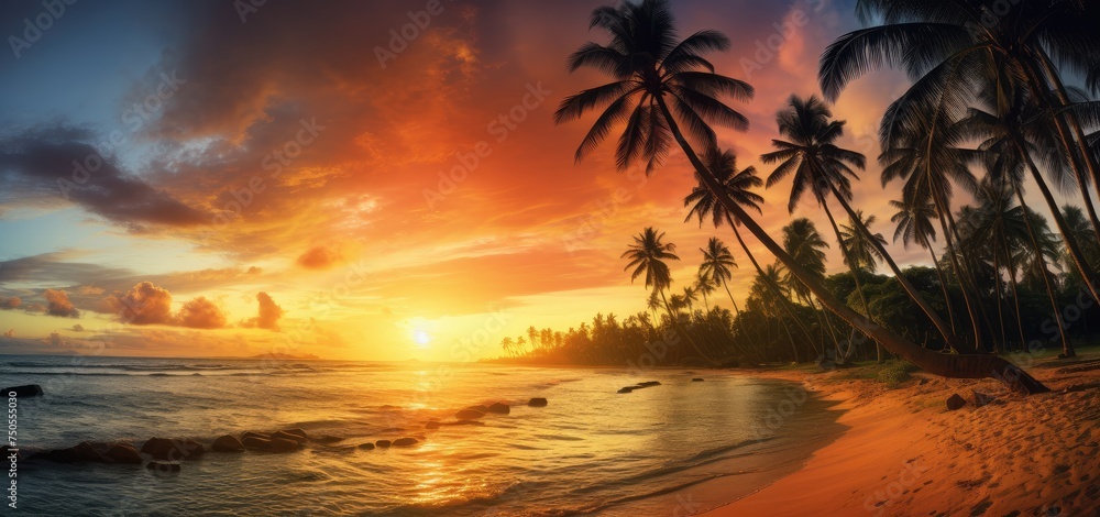 Idyllic Sunset Harmony: Palm Trees Silhouetted Against a Vibrant Sky - Generative AI