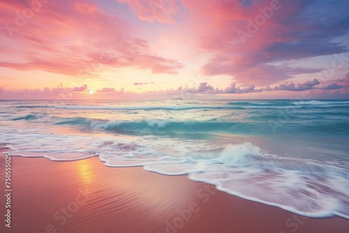 Pastel Sunset Serenity: Waves Gently Caressing Sandy Beach - Generative AI © Gelpi