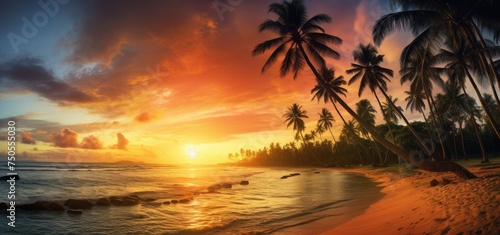 Idyllic Sunset Harmony  Palm Trees Silhouetted Against a Vibrant Sky - Generative AI
