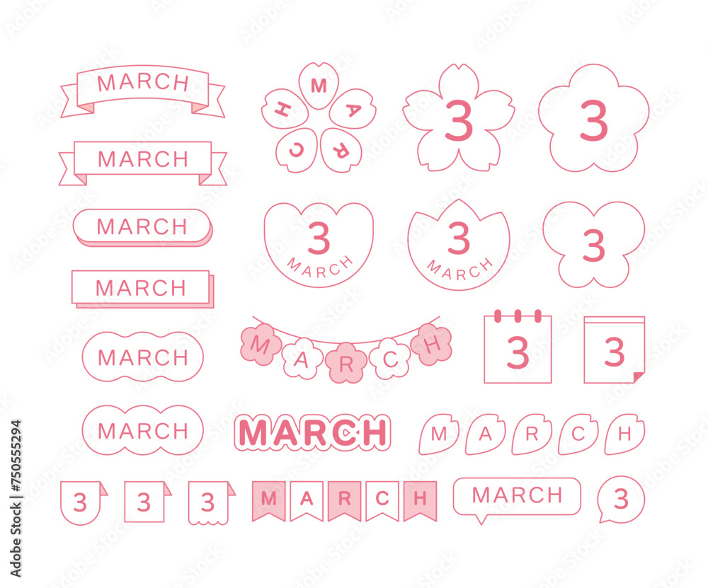 A set of pink decorative illustrations with a spring concept in March. Cherry blossom, flower, label, ribbon, garland, butterfly, calendar, note, speech bubble, tag, calendar shape design.