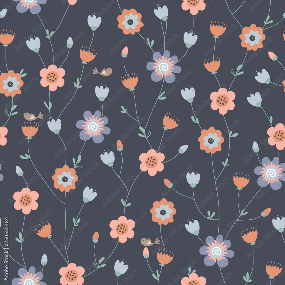 Twisted fairy flowers seamless floral pattern in Scandinavian style. Hand drawn pink, blue, and red flowers on dark background. Abstract retro Spring print design. Vector