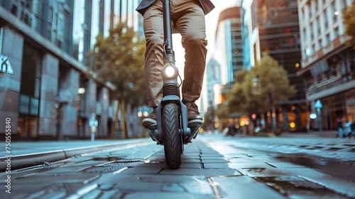 Businessman riding escooter through urban streets on his daily commute. Concept Urban Transportation, Sustainable Commuting, Eco-Friendly Lifestyle, Business Commute photo