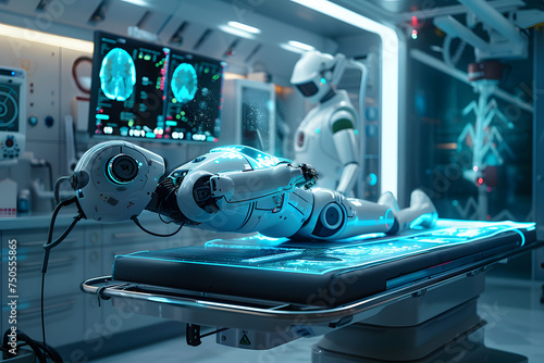 Futuristic Robots Performing Surgical Procedures in a High-Tech Operating Room