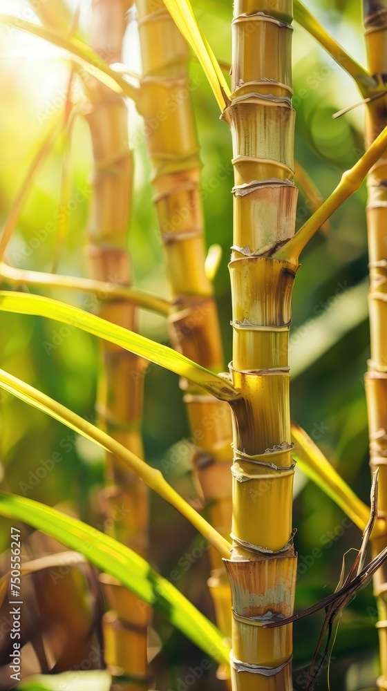 Obraz premium Sugar Cane Branches on Blurred Background, Sugarcane Plantation, Fresh Green Sugar Cane Stems