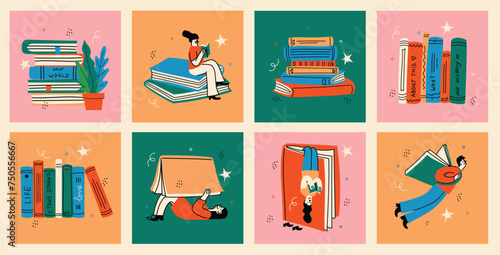 World Book Day graphics - book week events. Modern flat vector concept illustration of reading people, young man reading book flying in the sky in retro style