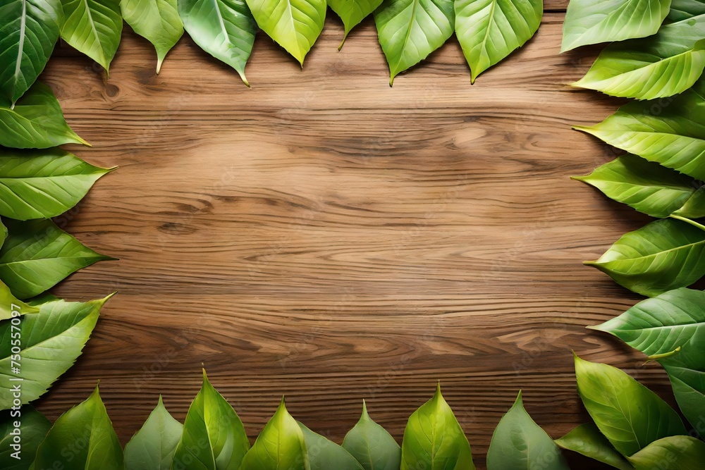 wooden table top with spring green leafs as frame wooden table top with spring green leafs as frame