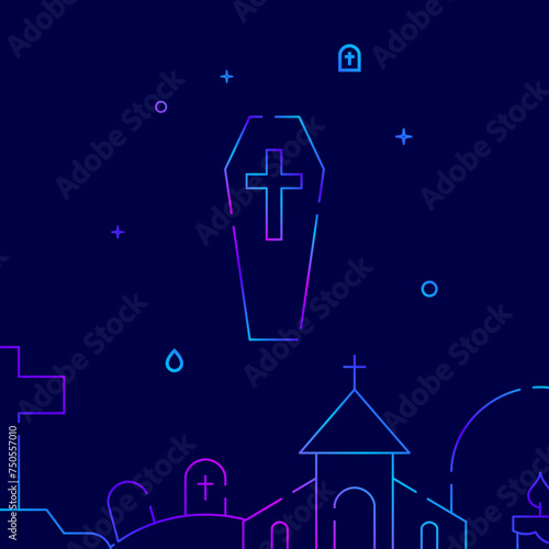 Coffin, deceased gradient line vector icon, simple illustration on a dark blue background, funeral related bottom border.