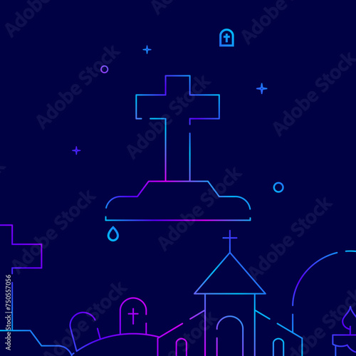 Grave, burial gradient line vector icon, simple illustration on a dark blue background, funeral related bottom border.